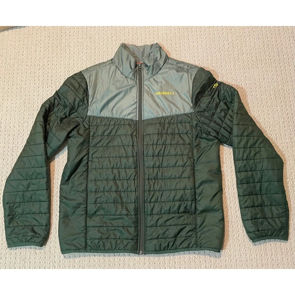 Merrell Mens Puffer Jacket Green Grey Quilted Full Zip Insulated Coat Sz Medium